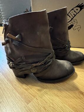 Freebird by Steven Dark Brown Leather Ankle Boots with Wrap Straps